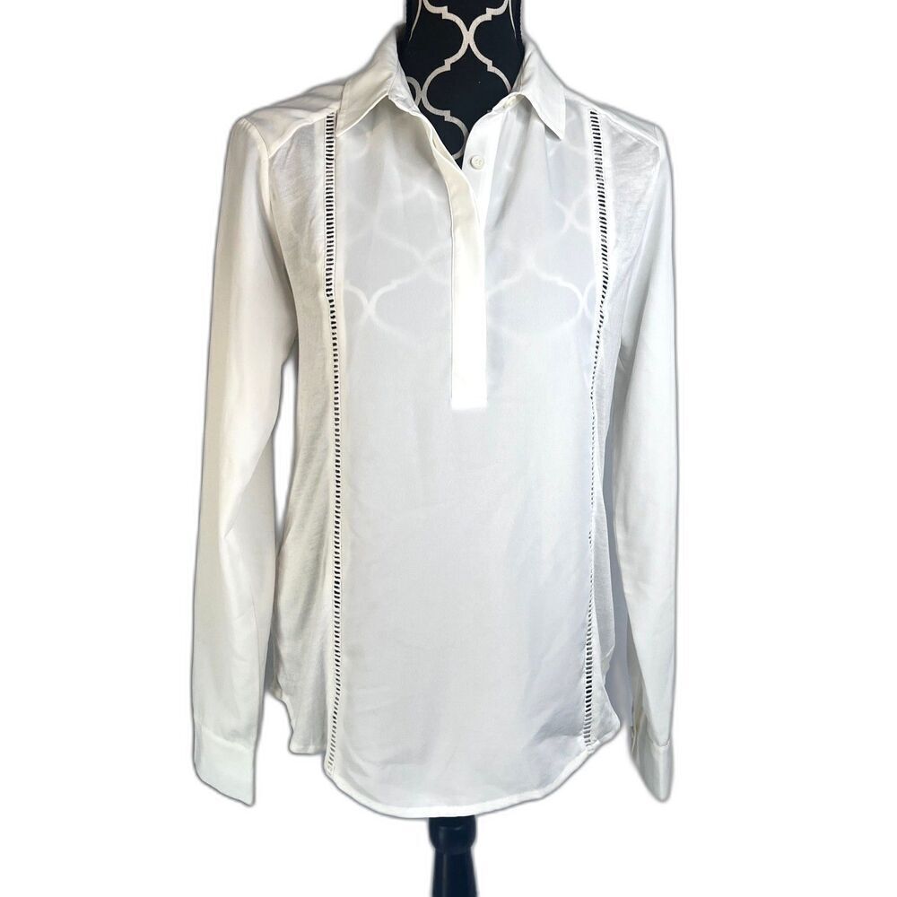 Ann Taylor NWT White 1/2‎ Button Front Cut Out Ladder Strips Sheer Size Small